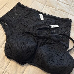 Adore Me Plus High Waist Bikini Bottom 2X Halter Top 1X Black Lace
